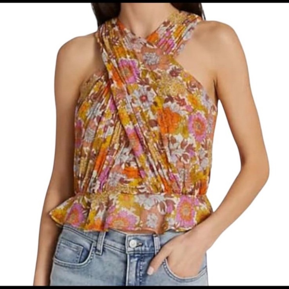 Veronica Beard Floral Cross-Neck Blouse - Orange and Pink